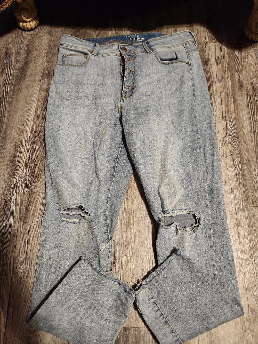 Time and Tru Light Blue Distressed Button-Fly Jeans